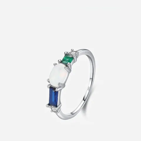 Retro 925 Sterling Silber Ring Weißer Ovaler Opal Bunter Edelstein Blau Grün Straßstein Eleganter Vintage Schmuck Damen