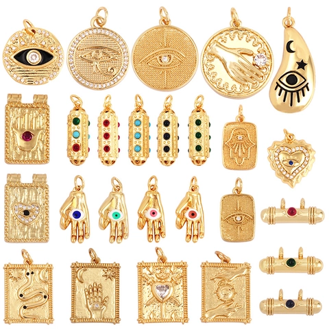 Evil Eye Hamsa Hand Pendants Copper Gold Plated Zirconia Enamel Charms For DIY Necklace Making Jewelry Bohemian Style