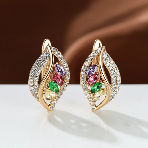 Elegant Leaf Hoop Earrings Copper Marquise Zircon Leverback Colorful Stone Jewelry For Women