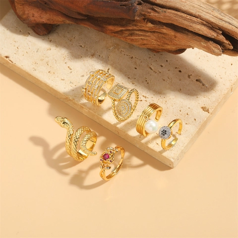 Anello Regolabile Serpente In Rame Con Zircone Placcato Oro E Perla Artificial ABS Per Donna Gioielli Retro Raffinati