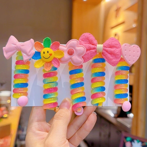 Kids Rainbow Spiral Telephone Wire Hair Ties Cartoon Flower Heart Bow Plastic Resin Elastic Hair Clips For Girls