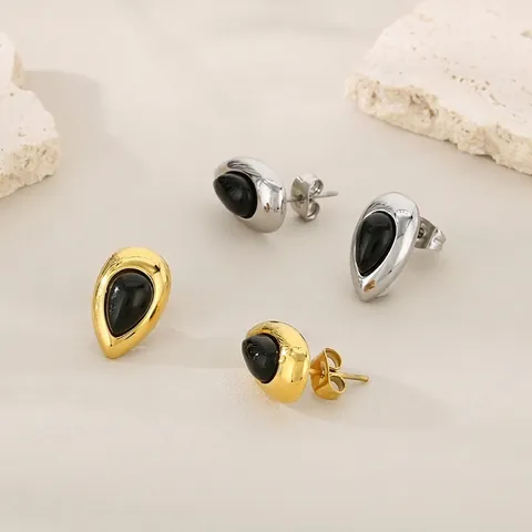 Pendientes De Botón Con Forma De Gota De Acero Inoxidable Y Piedra Ojo De Gato Negra Joyería Minimalista Vintage Para Mujer