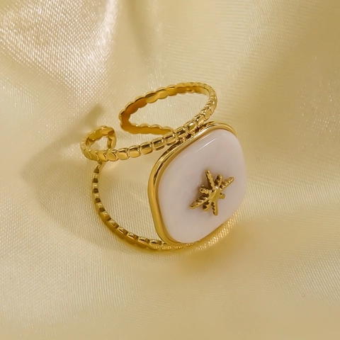 Vintage 14K Goud Vergulde Roestvrijstalen Open Ringen Voor Dames Verstelbare Natuursteen Tijgeroog Schelp Zon Ster Stijl
