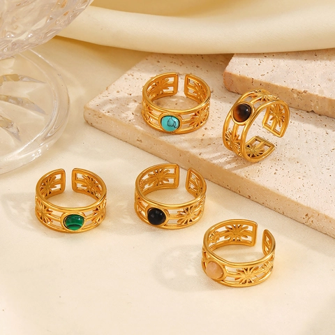 European American Fashion Stainless Steel Starburst Open Ring For Women Adjustable Malachite Turquoise Obsidian Ring