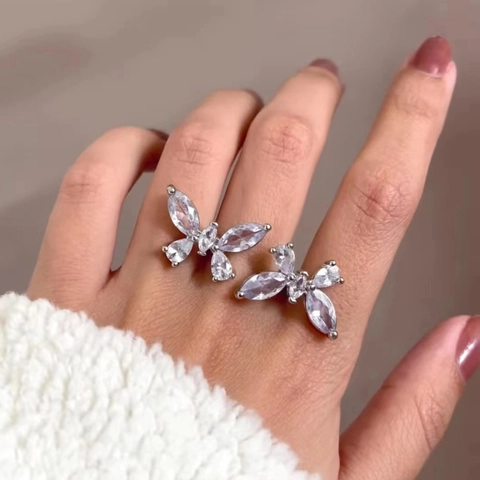 Butterfly Heart Flower Adjustable Open Rings For Women Cubic Zirconia Inlaid Alloy Luxury Fashion Jewelry Accessory