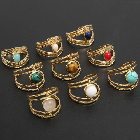 Naturstein Ring Vergoldeter Edelstahl Offenes Verstellbares Band Bohemian Vintage Ethno Stil Schmuck Für Unisex