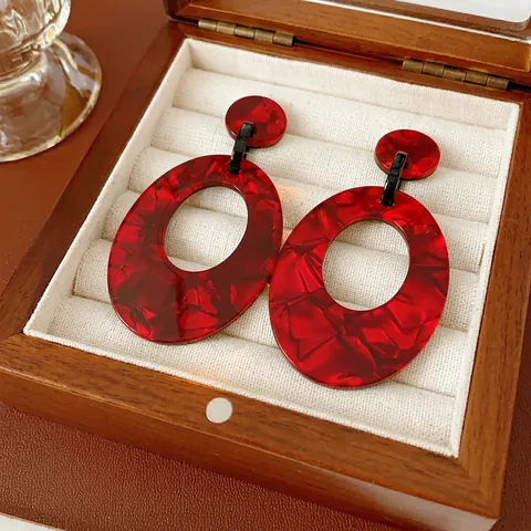 Vintage Oval Hollow Earrings Red Marble Texture Acrylic Jewelry With Silver Earring Post For Women Fashion Retro