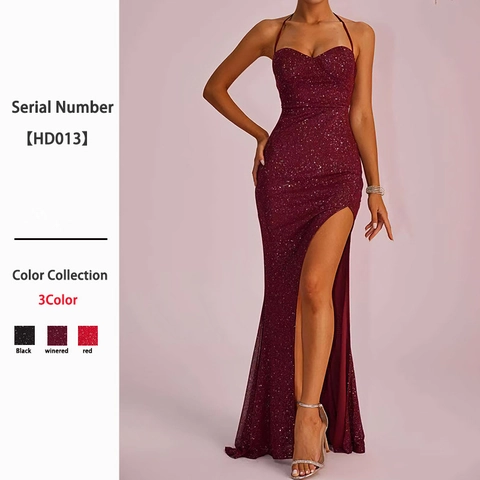 Sequined Halter Neck Evening Dress Backless Lace Up High Slit Slim Fit Elegant Sexy Maxi Dress For Women