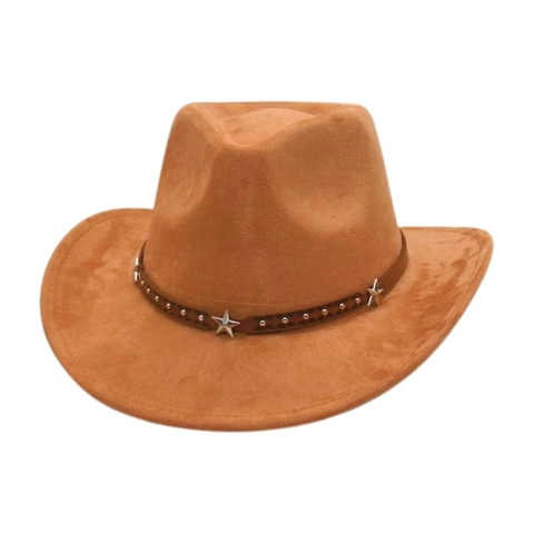 Western Cowboy Hat Faux Suede Wide Brim With Star Rivets Leather Belt Retro Ethnic Style For Outdoor Travel