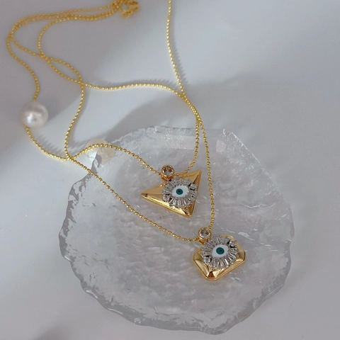 Vintage Gold Plated Copper Evil Eye Pendant Necklace For Women Retro Geometric Triangle Square Rhinestone Inlaid Jewelry