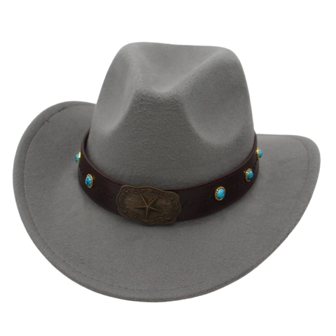 Kids Western Cowboy Hat Polyester Felt Fedora With Star Buckle Turquoise Beads Retro Ethnic Style For Boys Girls
