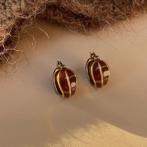 Orecchini Cerchio C Retro Vintage Francese Lega Smalto Goccia D'Olio Rosso Vino Gioielli Geometrici Donna Perno Acciaio