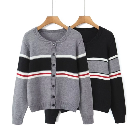 Cárdigan De Punto Para Mujer Cuello Redondo Botonadura Sencilla Manga Larga Rayas De Bloques De Color Suéter Casual