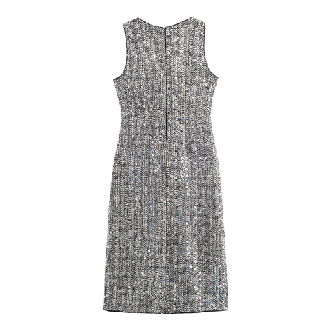 Vestito Tweed Paillettes Senza Maniche Scollo Quadrato Bottoni Aderente Elegante Festa Sera Donna Clubwear Sexy Chic