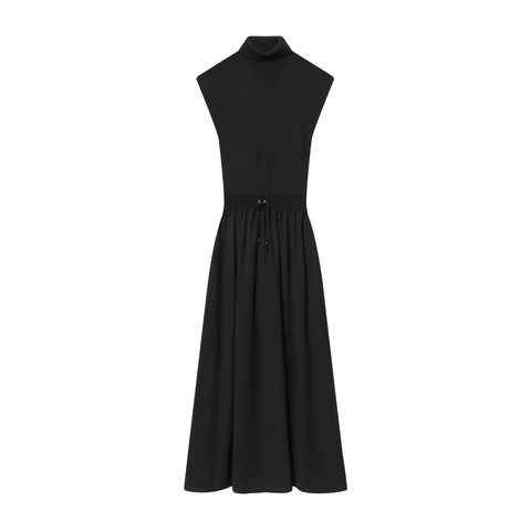 Dames Mouwloze Maxi-Jurk Met Col Ribgebreid Patchwork Taille Met Trekkoord Elegant Zwart Casual