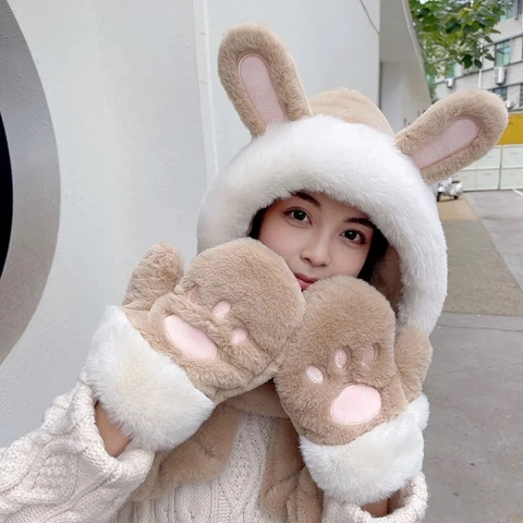 Sciarpa Con Cappuccio Multifunzionale Con Berretto E Guanti Pelliccia Di Coniglio Finta Peluche Caldo Inverno Orecchie Di Animali Carine Donne Ragazze