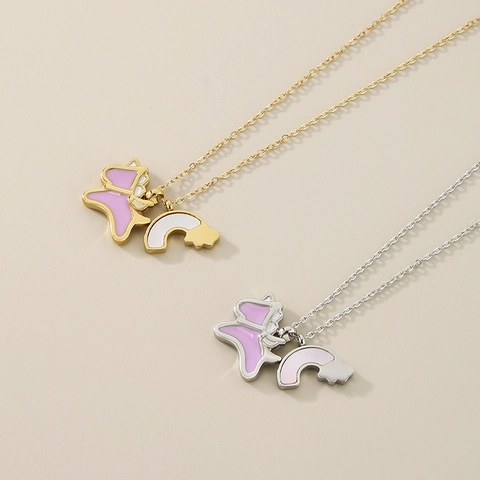 Cute Unicorn Rainbow Pendant Necklace Stainless Steel Enamel Butterfly Cloud Jewelry For Women Girls Kids Sweet Gift