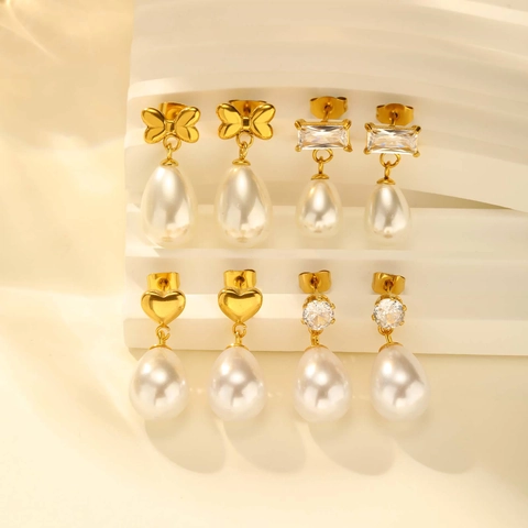 Pendientes de Gota de Perlas Artificiales de Acero Inoxidable Vintage Francés Elegantes Pendientes de Corazón y Flor