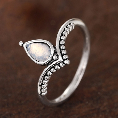 Anello In Rame Vintage Forma V Donna Goccia Imitazione Pietra Di Luna Bordo Perlato Argento Antico Gioielli Boho