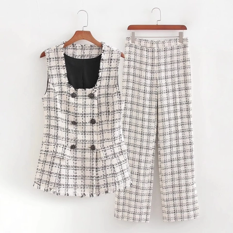 Elegante Damen Tweed Karierte Ärmellose Weste Und Gerade Hose Doppelreihiges Vintage Mode Outfit