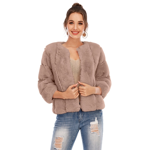 Women Faux Fur Jacket Round Neck Short Coat Long Sleeve Warm Elegant Solid Color Winter Outerwear