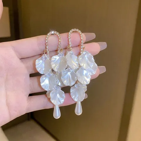 Elegant Floral Shell Petal Dangle Earrings With Faux Artificial Pearl Drop Rhinestone Accents And Silver Earring Post For Women