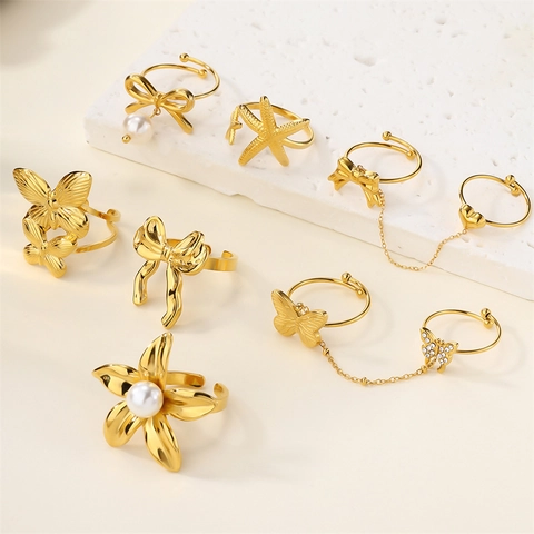 Anello Regolabile Farfalla Fiocco Stella Marina Fiore Oro Acciaio Inossidabile Lega Con Perla Artificial Rhinestone Gioielli