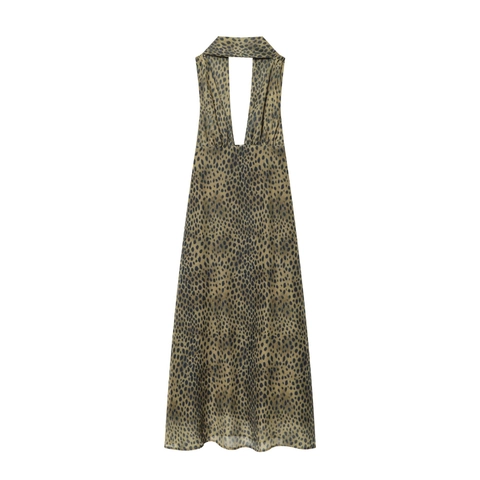 Leopard Print Halter Maxi Dress Polyester Deep V Neck Sleeveless Backless Slim Fit Summer Clubwear For Women