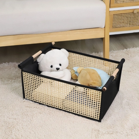 Foldable Woven Storage Basket Rectangular Bamboo Fabric Organizer Bin With Wood Handles Minimalist Home Sundries Box