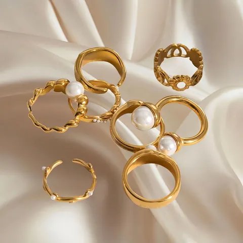 Edelstahl Künstliche Perlenring Für Damen Wasserdicht Vergoldet Geometrischer Eleganter Modeschmuck