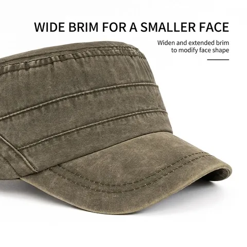 Men Flat Top Cadet Military Cap Washed Cotton Vintage Distressed Outdoor Sunshade Adjustable Hat
