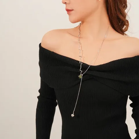 Square Green Zircon Pendant Necklace Copper Adjustable Asymmetric Mixed Chain Fashion Long Sweater Jewelry For Women