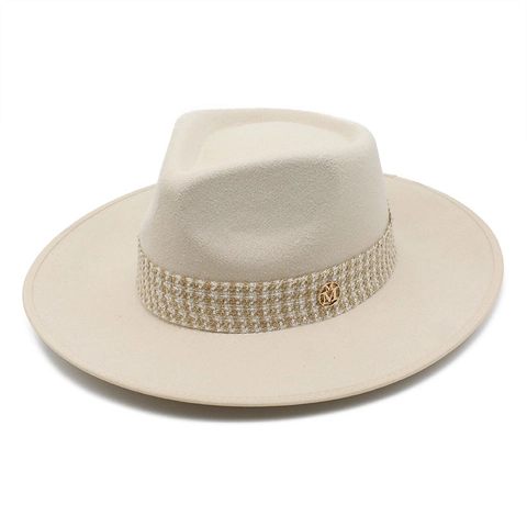British Style Wide Brim Fedora Hat Wool Felt Autumn Winter Warm Dress Hat With Houndstooth Band Metal Logo For Men Women
