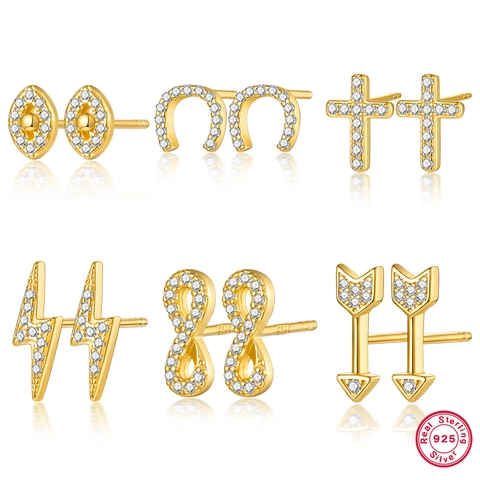 Zircon Stud Earrings 925 Sterling Silver Earring Post Lightning Cross Evil Eye Infinity Arrow Horseshoe Minimalist Jewelry