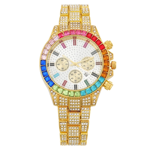 Luxury Women Quartz Watch Rainbow Bezel Iced Out Rhinestone Alloy Strap Calendar Fashion Wristwatch Female Jewelry Watch
