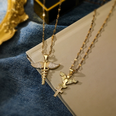 Caduceus Peace Dove Cross Pendant Necklace Copper Gold Plated Zircon Inlaid Minimalist Trendy Jewelry