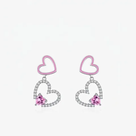 Pendientes Colgantes De Plata Esterlina 925 Doble Corazón Esmalte Rosa Circonita Mujer Joyería Dulce Princesa