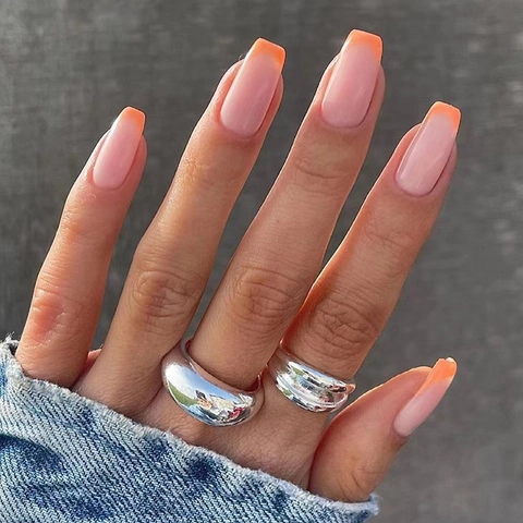 Unghie Finte Lucide French Tip Quadrato Rotondo Colore Mousse Al Tè Al Latte Rosa Arancio Stile Puro Desiderio