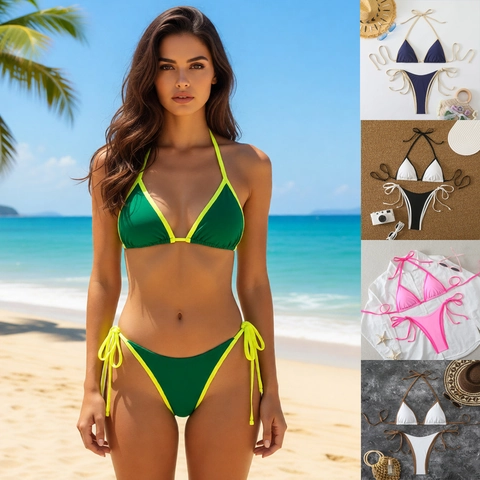 Dames Bikini Halter Driehoek Top En Broekje Met Zijstririkjes Contrastbiezen Badmode Sexy Badpak