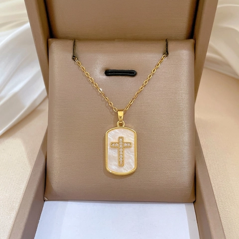 Collana In Acciaio Al Titanio Con Ciondolo A Croce In Madreperla E Zirconi Gioielli Eleganti Da Donna Oro