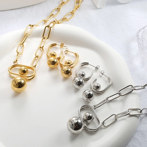 Collana E Orecchini In Acciaio Inossidabile Pendente A Sfera Rotonda Cornice Geometrica A U Catena A Graffetta Trendy Semplice Donna