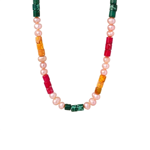 Collana Di Perle D'acqua Dolce E Giada Naturale Acciaio Al Titanio Pietra Cilindrica Colorata Gioielli Bohémien Da Donna