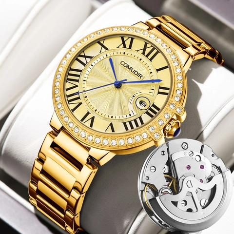 Business Men Quartz Watch Luxury Alloy Strap Rhinestone Bezel Roman Numerals Luminous Hands Calendar Waterproof Wristwatch