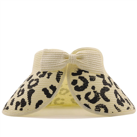 Visiera Cappello Paglia Leopardo Fiocco Parte Superiore Vuota Tesa Larga Protezione UV Estate Spiaggia Regolabile