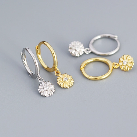 925 Sterling Silver Daisy Floral Huggie Hoop Earrings With Zircon Dangle Pendant Jewelry For Women