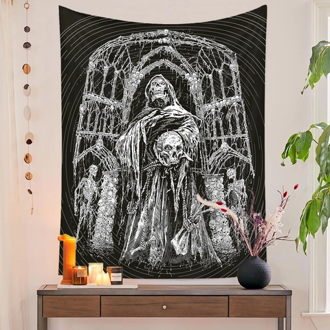 Arazzo Gotico Tristo Mietitore Da Parete Poliestere Nero Bianco Teschio Arte Oscura Decorazione Per Camera Da Letto Soggiorno