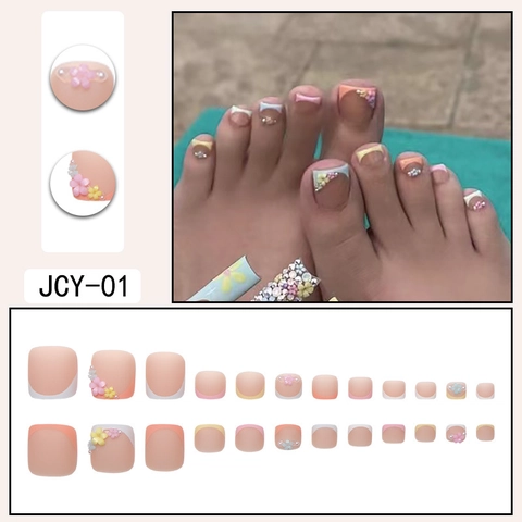 Macaron Colors Press On Toenails 3D Flowers Artificial Pearl Rhinestone French Tip Matte Fake Nails For Women Girls