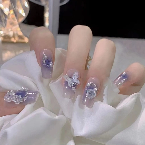 Blaue Press On Nails 3D Schmetterling Rose Design Farbverlauf Violett Blau Künstliche Nägel Damen Abnehmbar Maniküre Kunst