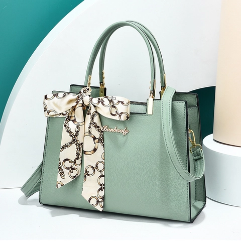 Damen Elegant PU Leder Handtasche Litschi Textur Satinnschal Dekor Henkeltasche Große Kapazität Büro Tasche