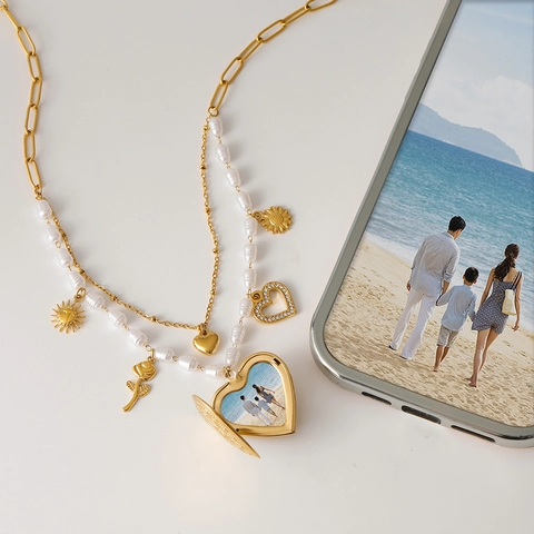 Collar Doble Capa Acero Inoxidable Perla Artificial Imitación Relicario Corazón Colgante Foto Charms Sol Rosa Chapado Oro Mujeres